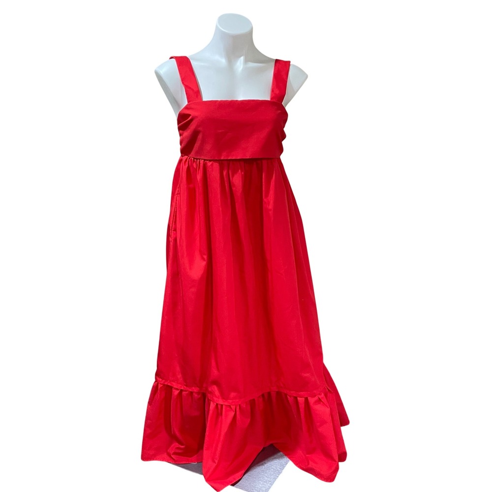 Entro Red Square Neck Open Back Bow Tiered Ruffle Midi Dress D18241 Small
